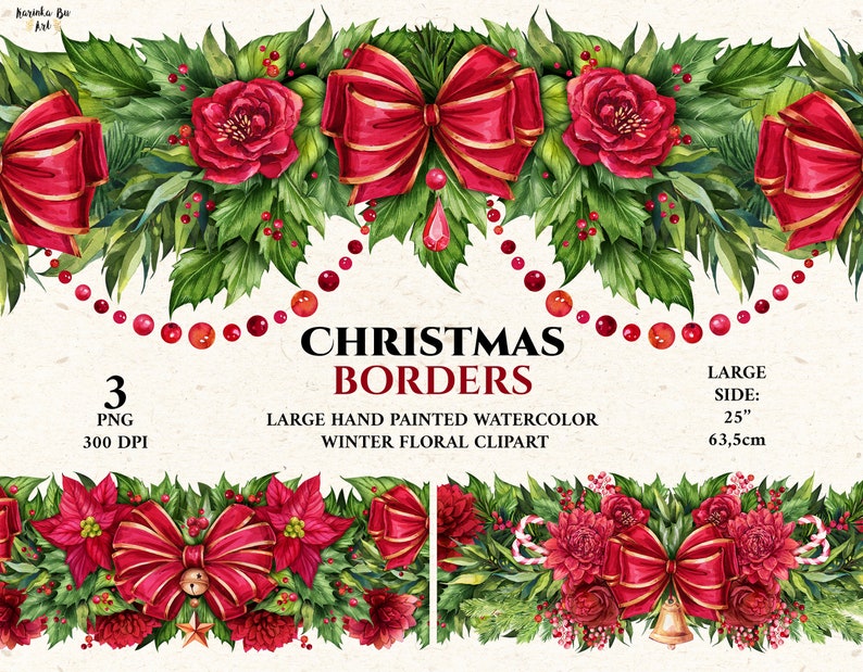 Christmas garland PNG clipart. Christmas decor border Watercolor clipart. Colorful Christmas Floral garland. Christmas border clipart image 1