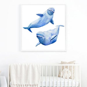 Beluga Whale stack Whale print Watercolor print Poster Wall decor painting. Sea art. Watercolor clipart Nautical decor White Whale image 4