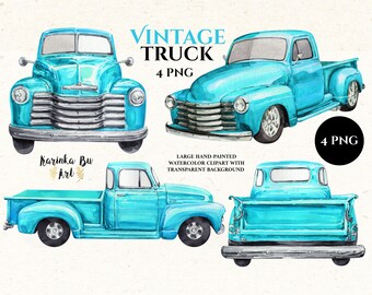 Vintage blue pickup truck watercolor clipart Sublimation designs. Watercolor clipart pick up truck. Farm clipart old truck watercolor
