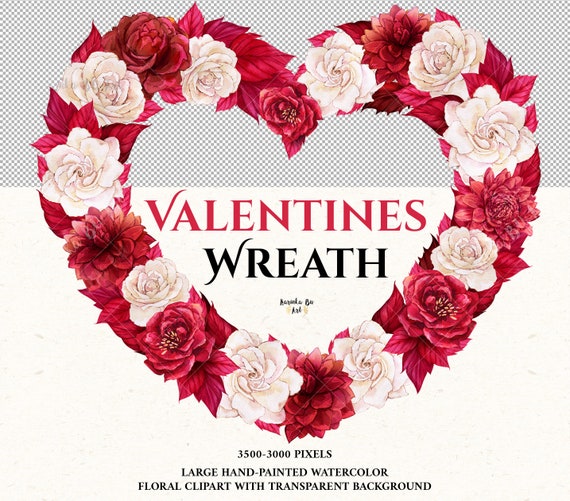 Watercolor Valentine Red heart Wreaths Clipart V2