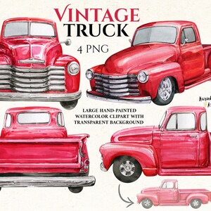 Vintage red pickup truck watercolor clipart Sublimation designs. Watercolor clipart pick up truck. Farm clipart old truck watercolor