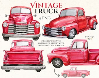 Vintage red pickup truck watercolor clipart Sublimation designs. Watercolor clipart pick up truck. Farm clipart old truck watercolor