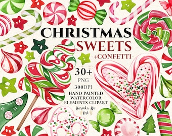 May include: Watercolor illustrations of Christmas sweets and candy, including candy canes, lollipops, gumdrops, and sprinkles. The image includes the text "Christmas Sweets + Confetti" and "30+ PNG 300DPI Hand Painted Watercolor Elements Clipart".