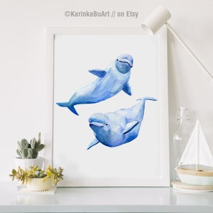 Beluga Whale stack Whale print Watercolor print Poster Wall decor painting. Sea art. Watercolor clipart Nautical decor White Whale image 2