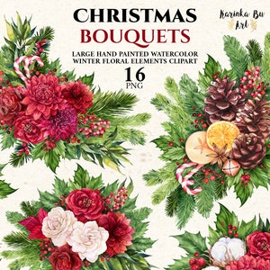 Christmas garland PNG clipart. Christmas decor border Watercolor clipart. Colorful Christmas Floral garland