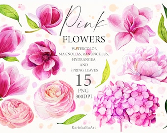 Floral elements Boho clipart Pink flower svg Spring flowers Individual elements Garden clipart Wedding clipart Watercolor diy logo