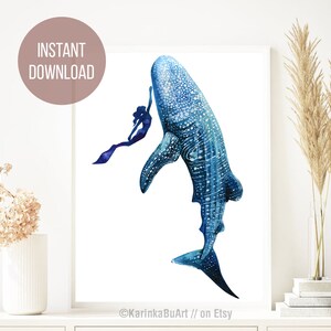 May include: Watercolor painting of a blue whale shark with a mermaid swimming next to it. The painting is on a white background and has a blue and purple color scheme.