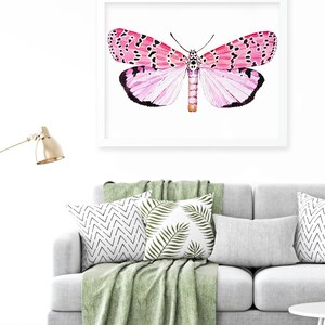 May include: A watercolor painting of a pink and black butterfly with white accents. The butterfly is centered on a white background with a white frame.