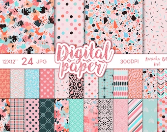 May include: A set of 24 digital papers in JPG format, each measuring 12x12 inches and 300 DPI. The papers feature a variety of patterns in pink, blue, and white, including polka dots, stripes, geometric shapes, and floral designs. The text "Digital Paper" is displayed in a pink, glittery font.