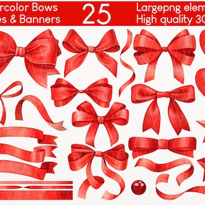 Watercolor Red Bows Clipart | Printable Sticker and Sublimation PNG for Valentine&#39;s & Christmas Crafts | Digital paper design elements