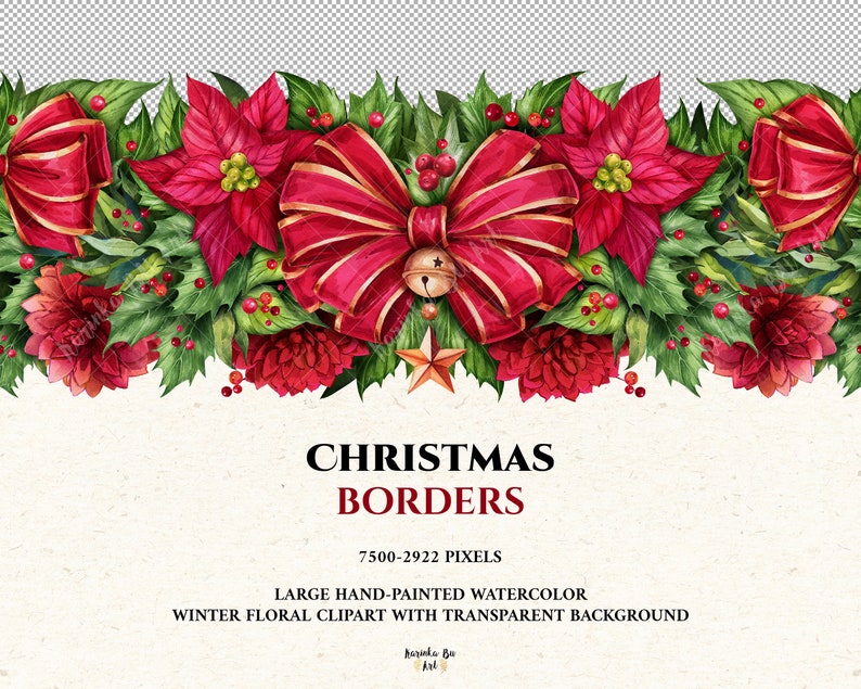 Christmas garland PNG clipart. Christmas decor border Watercolor clipart. Colorful Christmas Floral garland. Christmas border clipart image 4