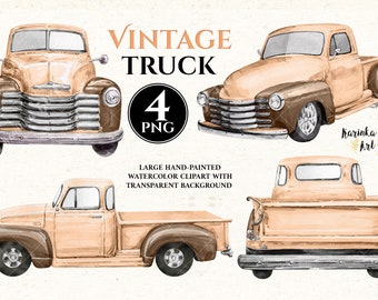 Vintage Beige pickup truck watercolor clipart Sublimation designs. Watercolor clipart pick up truck. Farm clipart old truck watercolor