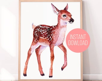 Baby Deer Printable Fawn print Woodland Nursery decor Deer Nursery Art Print Watercolor Deer Painting Watercolor Print