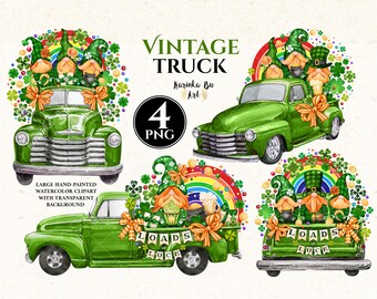 St. Patrick&#39;s Day gnome clipart Sublimation designs. Watercolor gnomes Watercolor clipart Truck Full Of Luck Gnome Sublimation Clipart