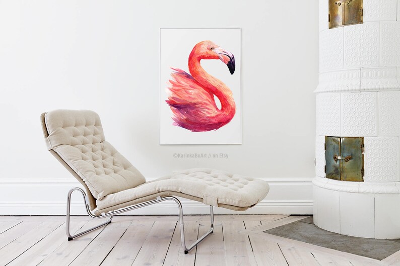 May include: A watercolor painting of a pink flamingo with a long neck and a curved beak. The flamingo is standing on one leg and its wings are spread out. The painting is on a white background.