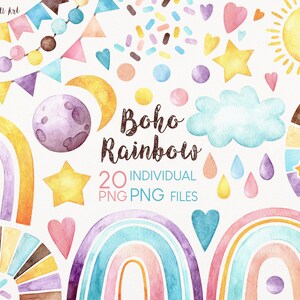 Może przedstawiać: Zestaw 20 akwarelowych ilustracji w stylu boho z motywem tęczy. Zestaw zawiera tęcze, gwiazdy, serca, chmury, księżyc, słońce i girlandę flag. Ilustracje idealnie nadają się do dodania odrobiny fantazji do Twoich projektów.