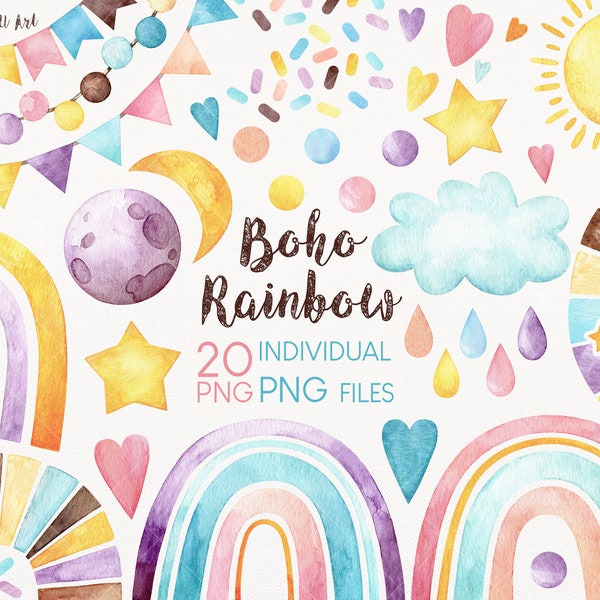 Watercolor Rainbow Clipart set png Baby shower Modern Cute Clipart Clouds, droplets, stars, hearts, flags, and holiday garlands Moon and sun