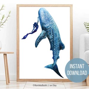 May include: A watercolor painting of a whale shark with a mermaid swimming next to it. The whale shark is blue and white with spots. The mermaid is blue and purple with long flowing hair. The background is white.