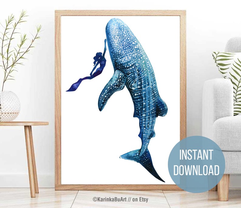May include: A watercolor painting of a whale shark with a mermaid swimming next to it. The whale shark is blue and white with spots. The mermaid is blue and purple with long flowing hair. The background is white.