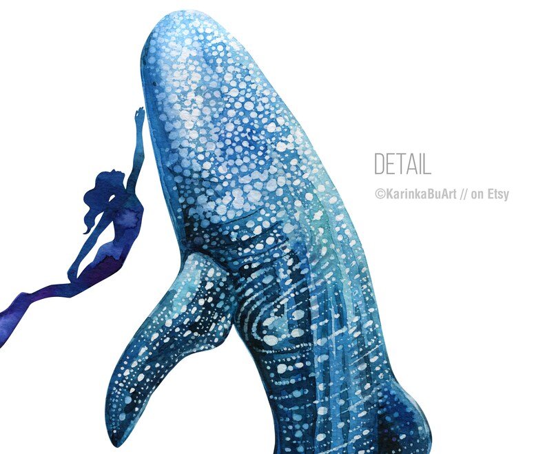 May include: A watercolor painting of a whale shark with a blue and white spotted pattern. A silhouette of a person is swimming towards the whale shark.