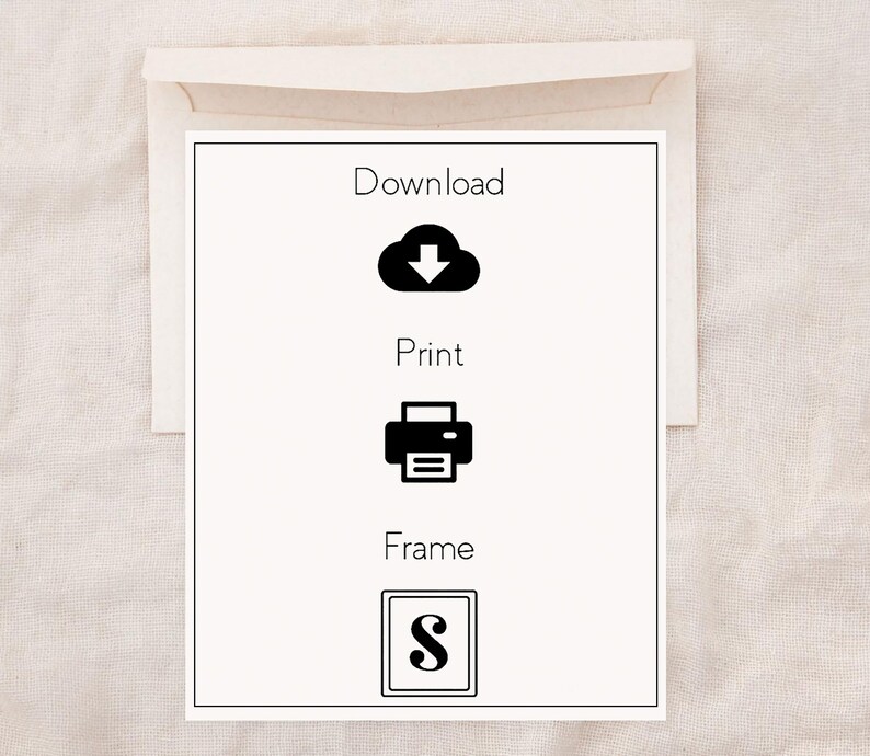 May include: White card with black text and icons. The text reads "Download", "Print", and "Frame". The icons are a cloud with a downward arrow, a printer, and a picture frame with an "S" inside.