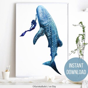 May include: Watercolor painting of a blue whale shark with a silhouette of a person holding onto its fin. The whale shark is swimming upwards with its mouth open. The background is white.