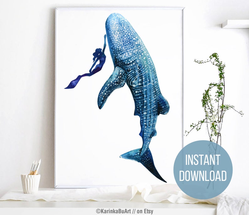 May include: Watercolor painting of a blue whale shark with a silhouette of a person holding onto its fin. The whale shark is swimming upwards with its mouth open. The background is white.