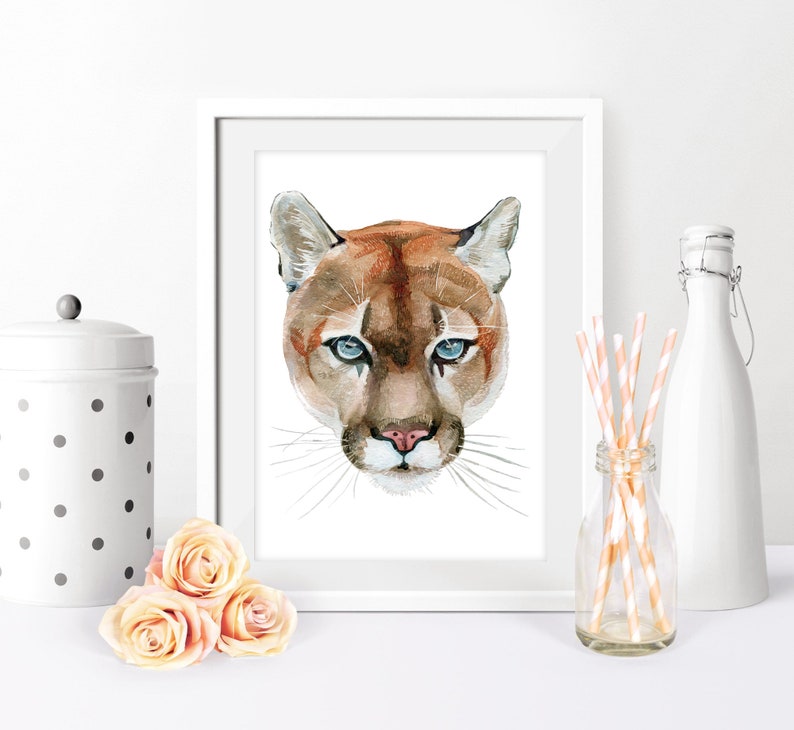 May include: Watercolor painting of a cougar's face with blue eyes. The cougar is looking directly at the viewer. The background is white.