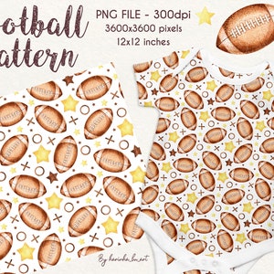 May include: A seamless pattern featuring brown footballs, yellow stars, and brown X's and O's on a white background. The pattern is repeated on a white baby onesie.