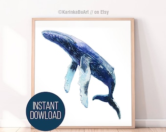 Humpback whale print Whale art Whale watercolor Whale painting Watercolor painting, Whale nursery Power animal