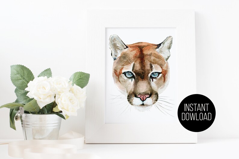 May include: Watercolor painting of a mountain lion with blue eyes. The painting is in a white frame and is ready for instant download.