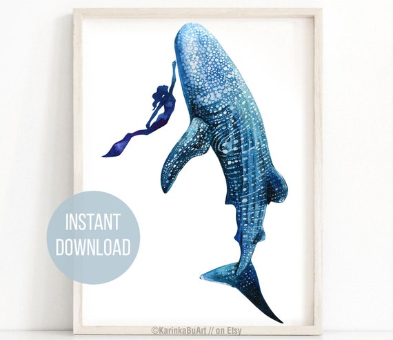 Whale shark painting Whale print Watercolor print Whale Poster Wall decor Watercolor clipart Nautical decor Seaweed Print Whale shark art