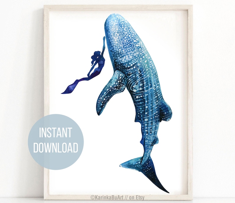 May include: A watercolor painting of a whale shark with a blue and white spotted pattern. A silhouette of a person is swimming next to the whale shark. The painting has a white background.