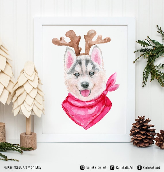 Husky Art Print in a antler Siberian Husky Watercolor Print, Painting, Husky Painting, Dog Painting, Husky Watercolor, Christmas gift Puppy