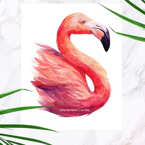 May include: A watercolor painting of a pink flamingo with a long neck and a black beak. The flamingo is standing on one leg and its head is turned to the side. The background is white.