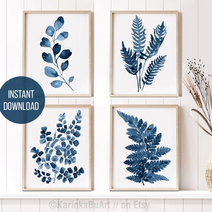 Home decor. Fern indigo botanical print set. Blue fern print. Wall decor. Indigo botanical.  Printable wall art