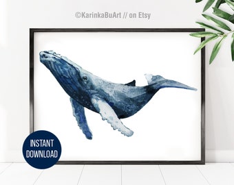 Whale print Poster Wall decor watercolor print art Watercolor painting printable Digital Download watercolor clipart Sea print