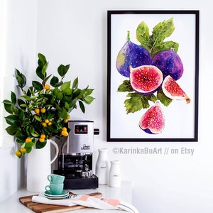 May include: A watercolor painting of figs in a black frame. The painting features purple and pink figs with green leaves. The painting is hanging on a white wall above a coffee maker and a pitcher.