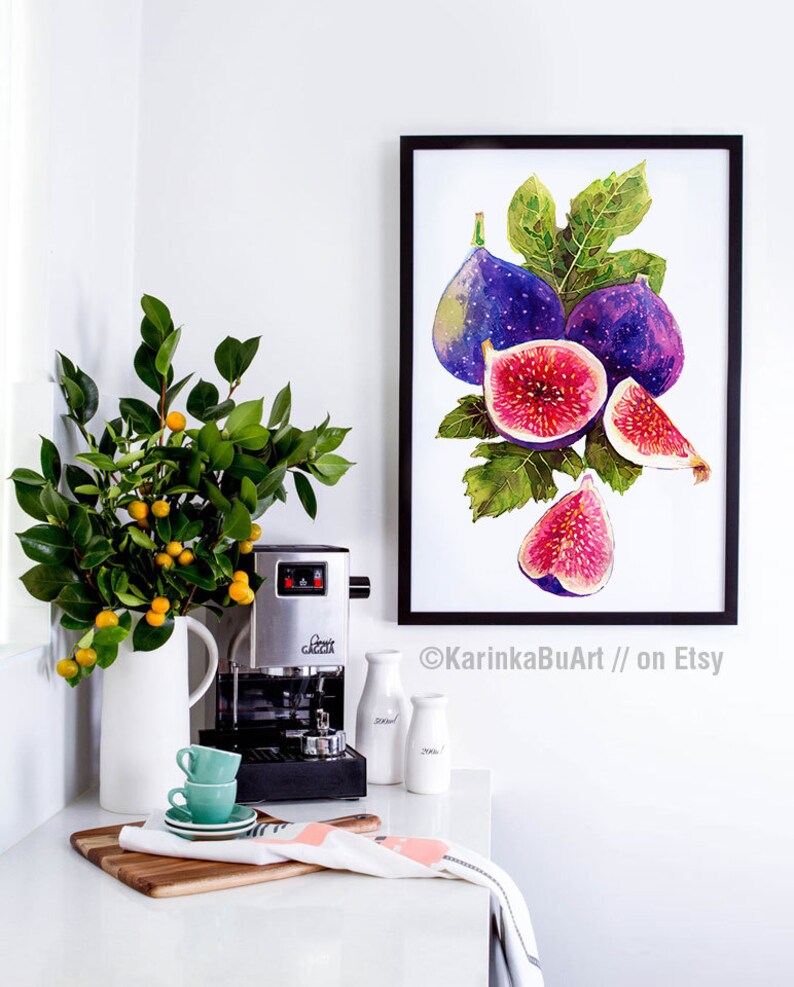 May include: A watercolor painting of figs in a black frame. The painting features purple and pink figs with green leaves. The painting is hanging on a white wall above a coffee maker and a pitcher.