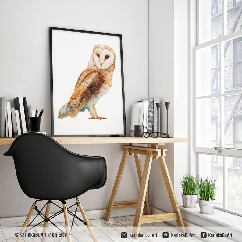 Barn Owl svg Boho clipart Watercolor Print Barn Owl painting Rustic kitchen poster Owl nursery decor poster image 8