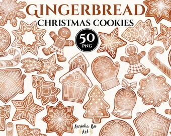 May include: A collection of 50 gingerbread Christmas cookies in PNG format. The cookies are decorated with white icing and feature various shapes, including stars, snowflakes, trees, houses, and candy canes.