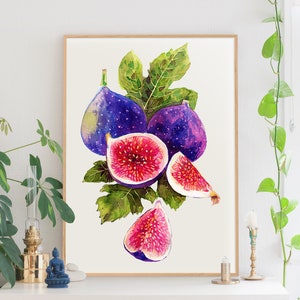 May include: Watercolor painting of a bunch of figs. The figs are purple and have a green stem. Some of the figs are cut in half and show the pink flesh inside.
