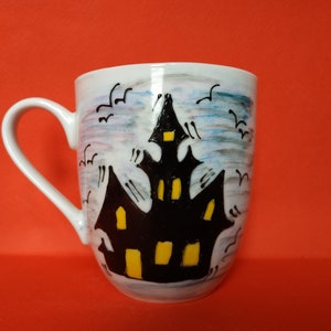 Halloween mug, haunted house mug, handpainted mug