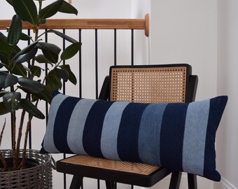 Upcycled Denim Striped Pillow Cover, Modern Boho Lumbar Cushion