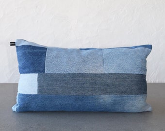 Denim Pillow Cover , Recycled Denim, patchwork Denim, lumbar pillow