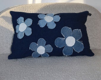 Denim pillow cover, daisy pillow cover, denim pillow