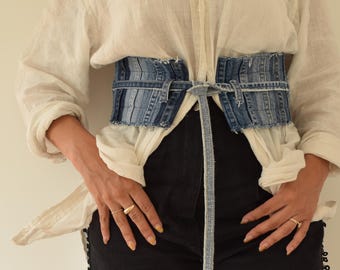 Denim Corset Belt , Reworked Denim Belt, Patchwork Denim