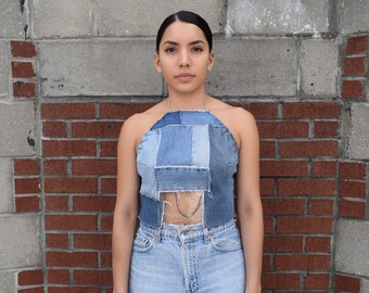 Denim Halter Top With Vinyl / PVC, Reworked Denim Shirt, Denim Top