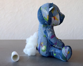 Handmade, Modern Unique , One of a Kind Painted Denim Patchwork Teddy Bear - Recycled Denim, 13"