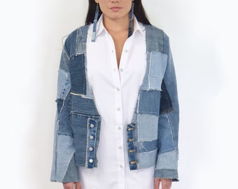 Denim Jacket, Long Sleeve Denim Shirt, Patchwork denim shirt, Kimono Denim Shirt